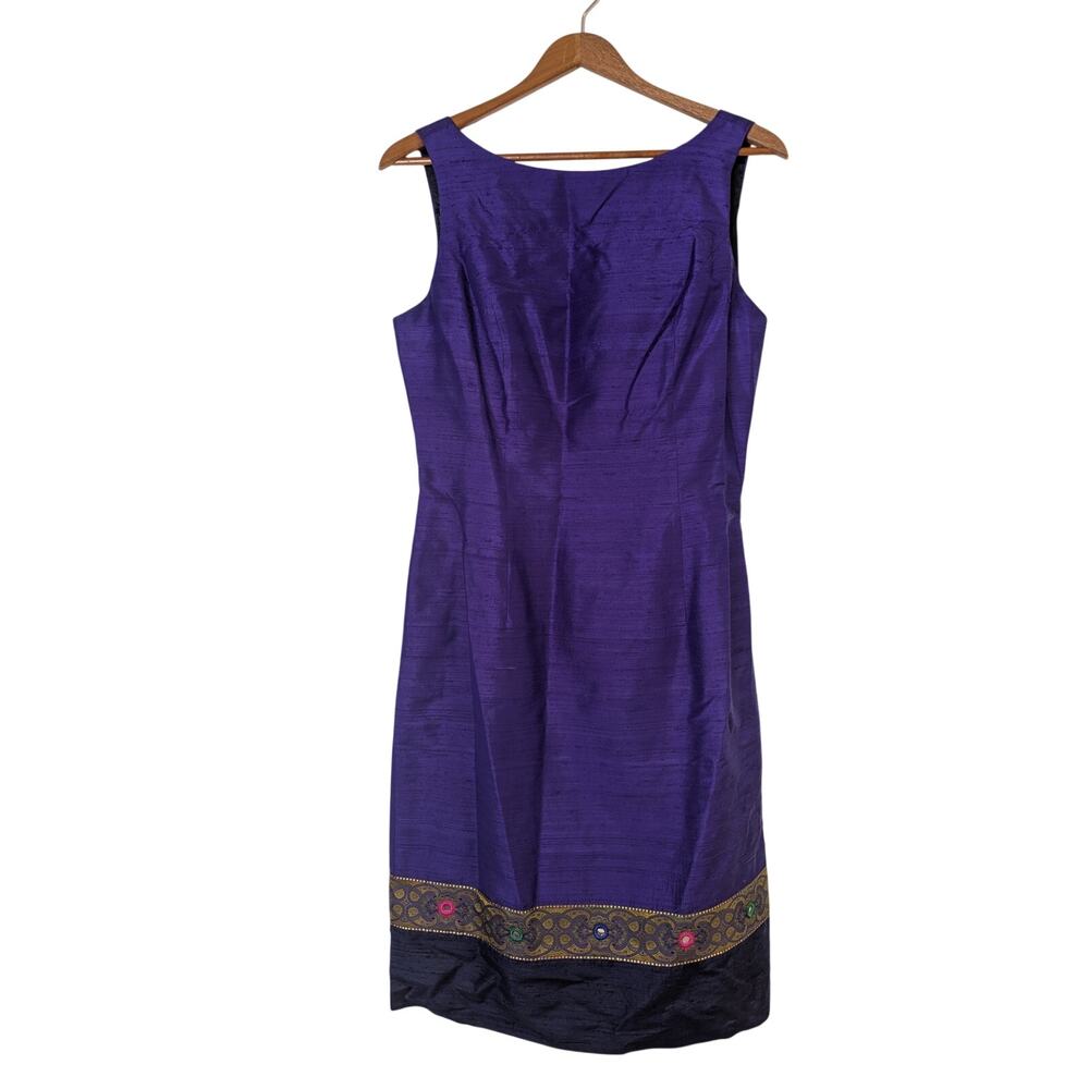 Mica Silk Sheath Dress Womens 6 Silk Purple Cocktail Wedding Indian Trim Gold